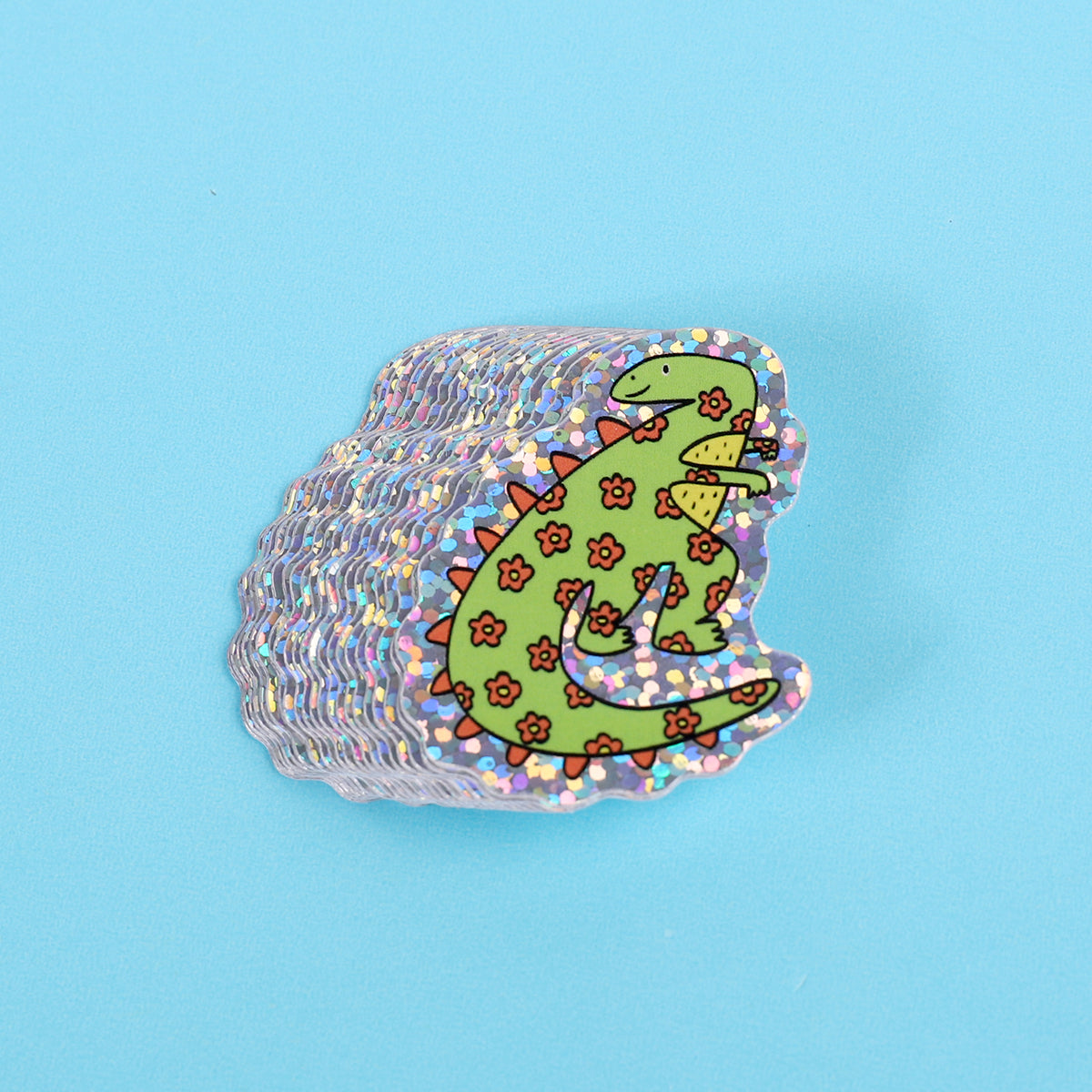 Green flower dinosaur | Small Glitter Sticker