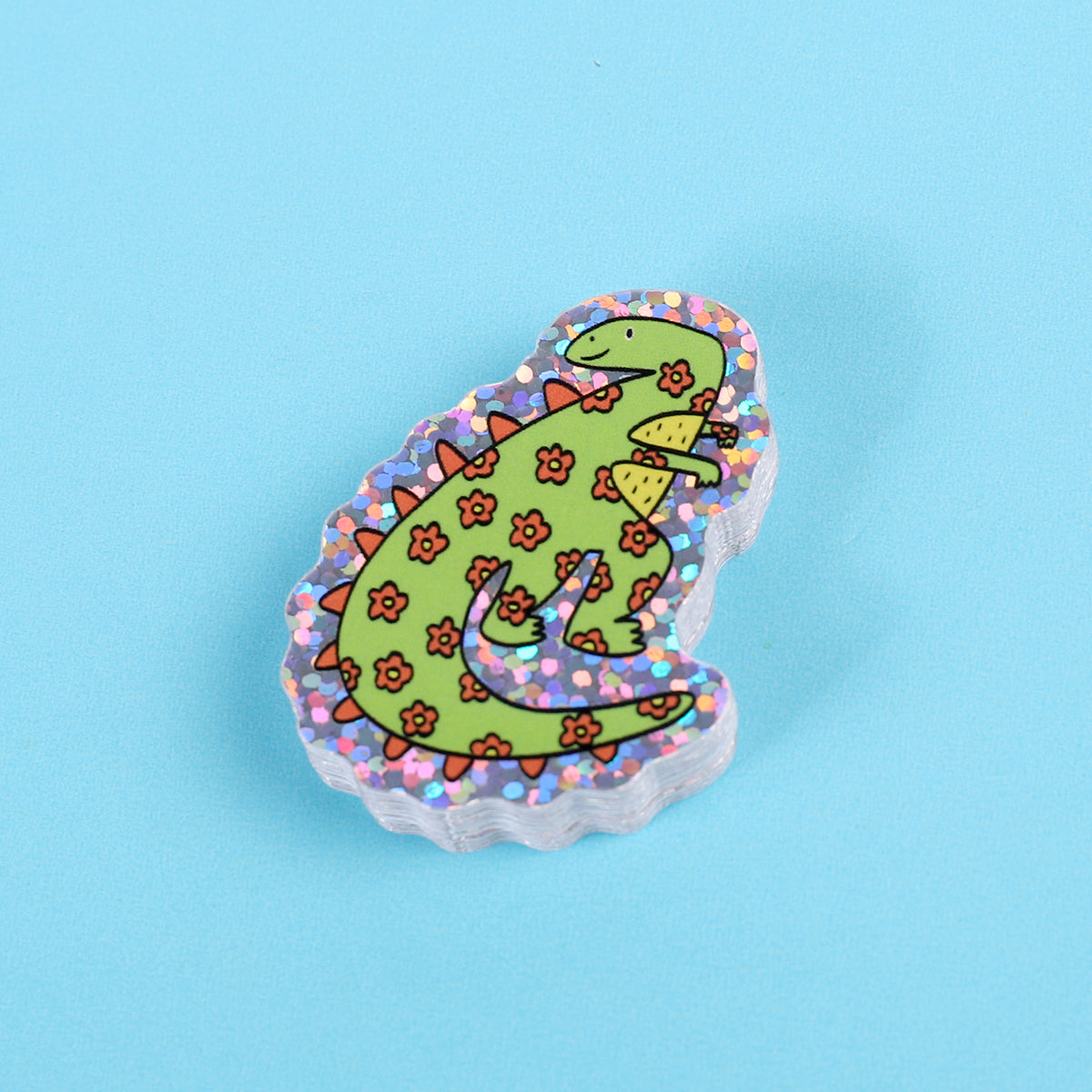 Green flower dinosaur | Small Glitter Sticker
