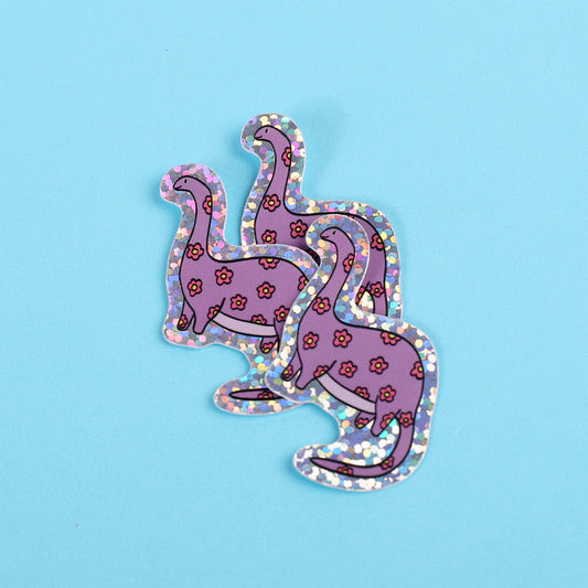 Purple flower dinosaur | Small Glitter Sticker