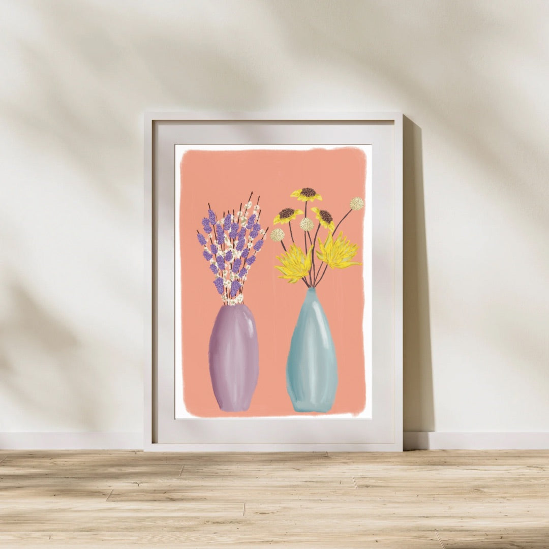 Flowers in a purple and blue vase | A4 art print