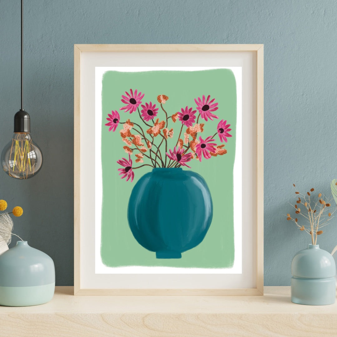 Flowers in a round blue vase | A4 art print