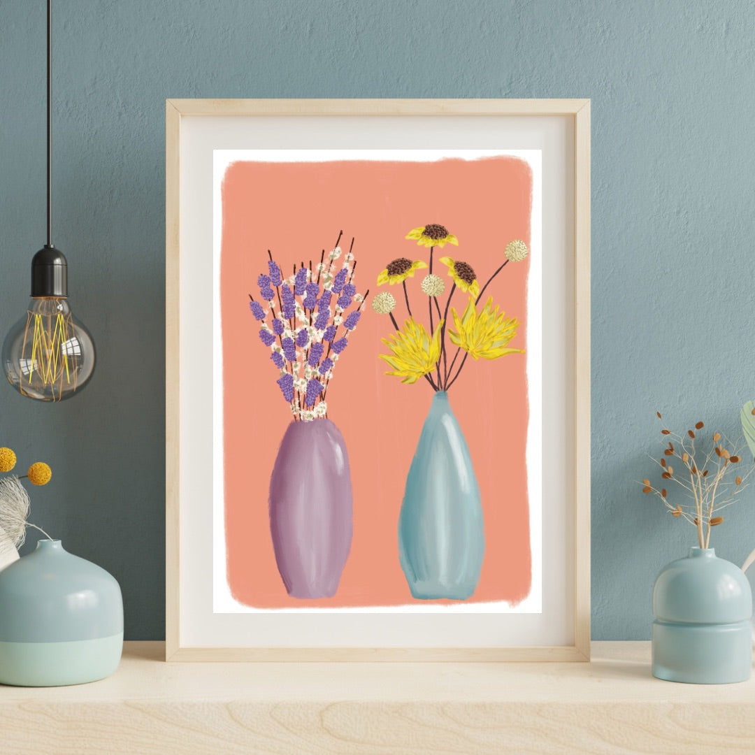 Flowers in a purple and blue vase | A4 art print