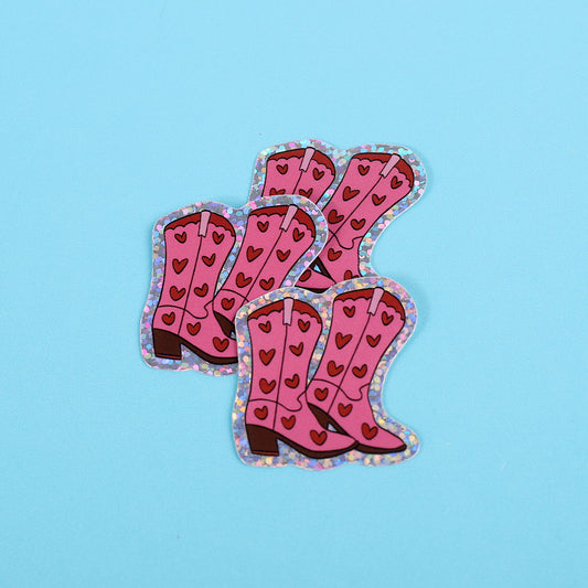 Pink heart cowboy boots | Small Glitter Sticker