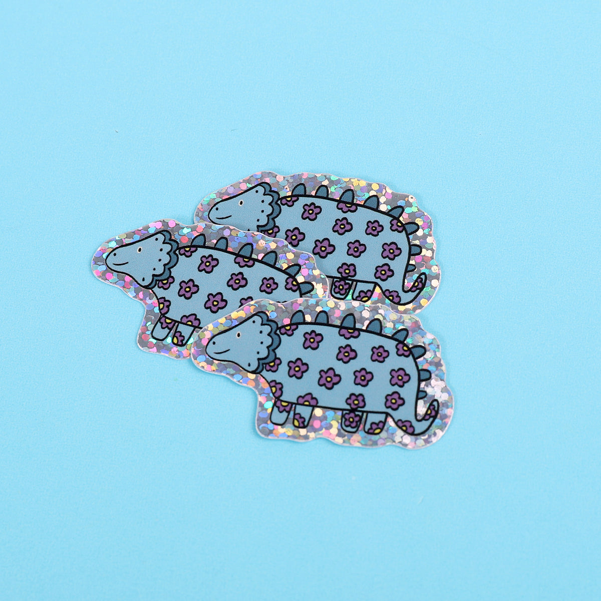 Blue flower dinosaur | Small Glitter Sticker