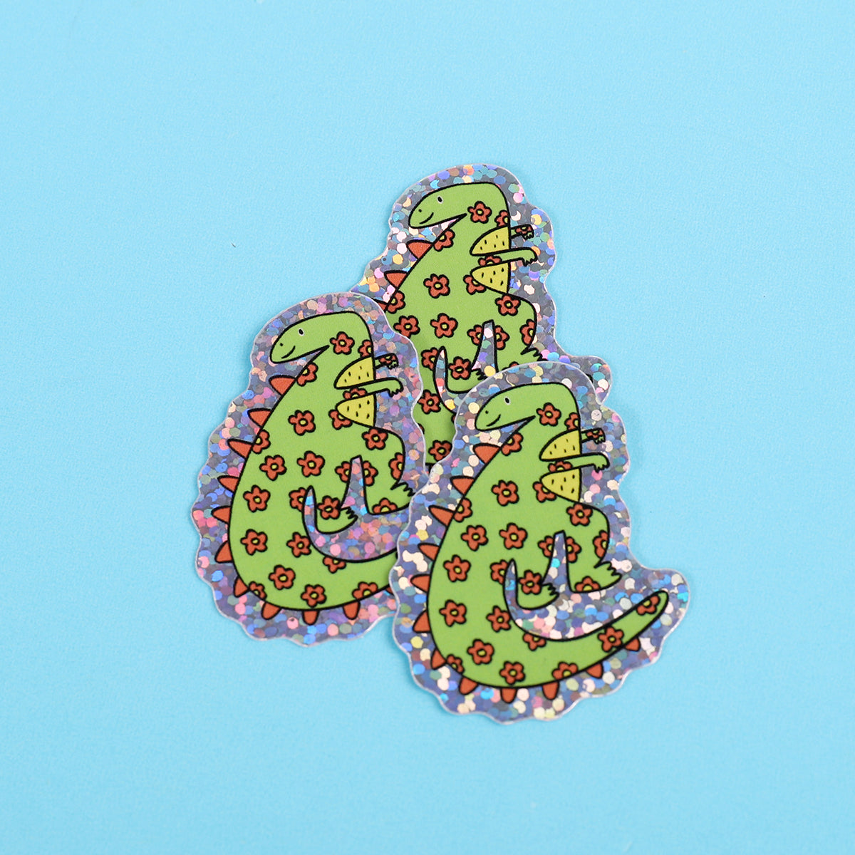 Green flower dinosaur | Small Glitter Sticker