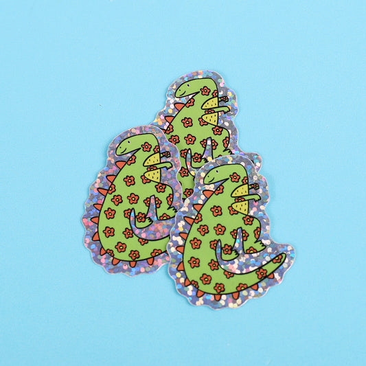 Green flower dinosaur | Small Glitter Sticker
