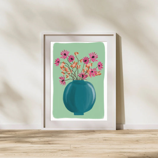 Flowers in a round blue vase | A4 art print